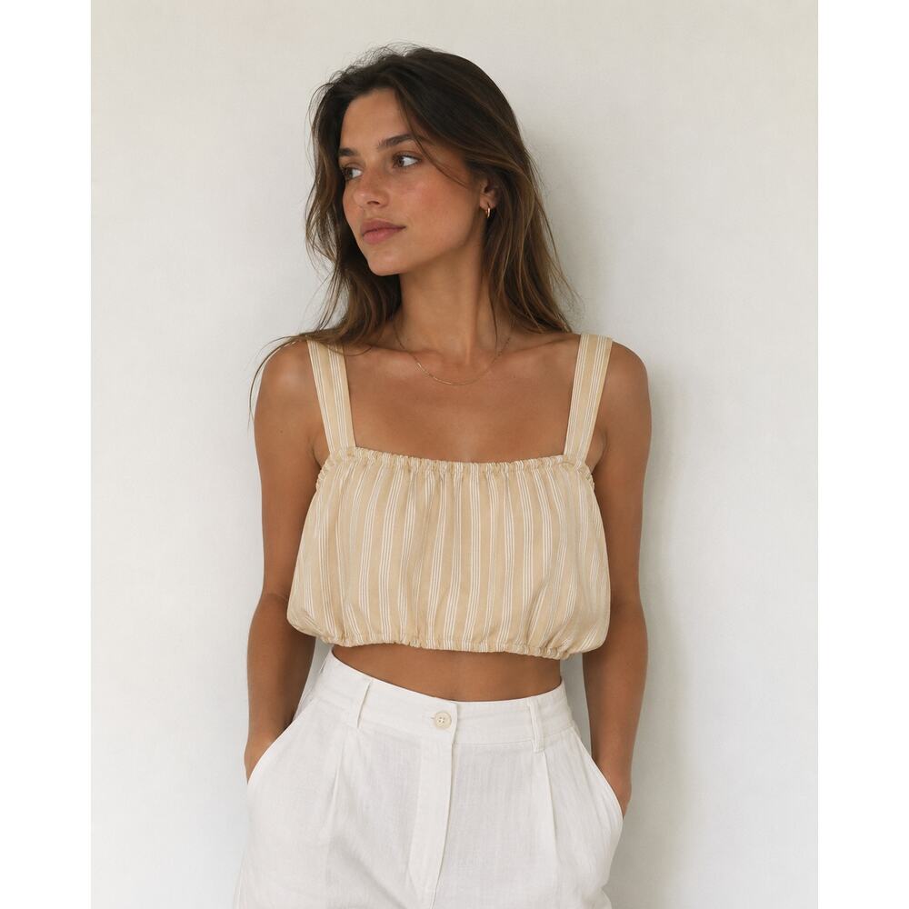 Show Me Your Mumu Alabama Crop Top Beige White Striped Boho Cottagecore Medium